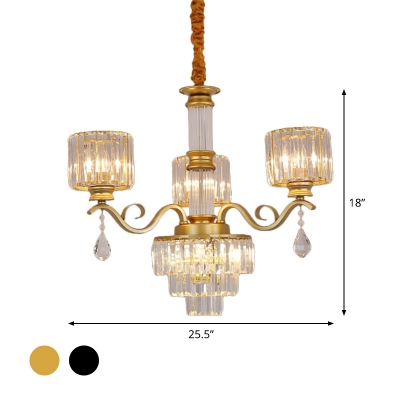 Tiered Tapered Crystal Chandelier Post-Modern 3 Lights Black/Gold Suspension Lamp with Cylinder Shade