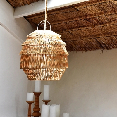 Weel Bamboo Hanging Light Kit Rural Style Single Head Beige/Coffee Ceiling Hang Fixture for Tea Room