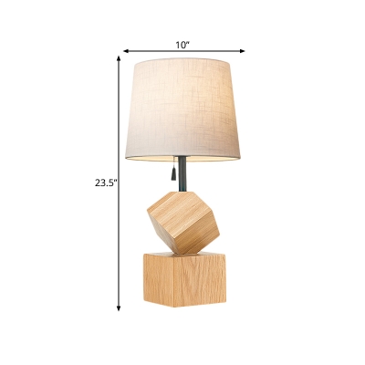 Wood Cubic Base Nightstand Lamp Modern Single Bulb Desk Light with Cone Fabric Shade in Brown/Beige