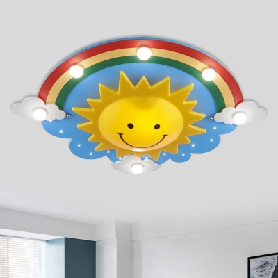 Yellow Sun and Rainbow Ceiling Flush Kids Style 6 Bulbs Wood Flush Mount Lighting Fixture