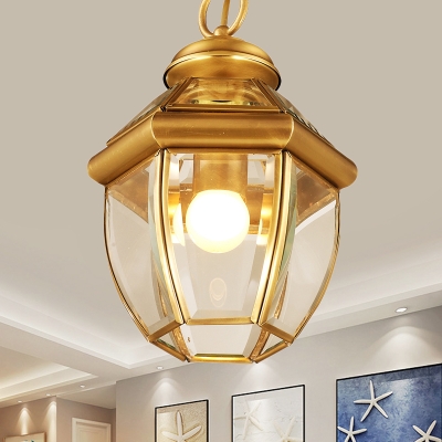 1-Bulb Pendant Lighting Fixture Country Lantern Clear Glass Suspension Lamp in Gold for Corridor