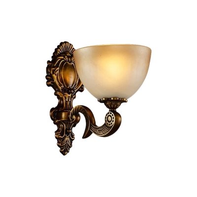1-Head Wall Lighting Country Bedroom Wall Light Sconce with Bowl Frosted Glass Shade in Brass
