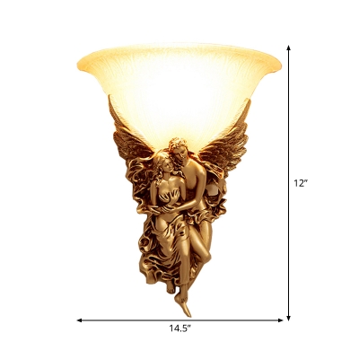1-Head Wall Mounted Lamp Countryside Bell White Glass Wall Lighting with Angel Decor in Gold