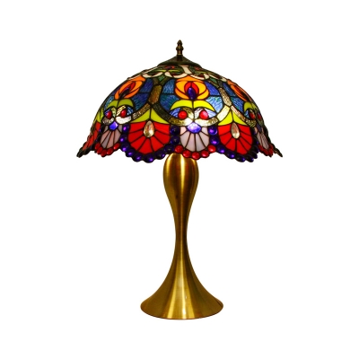 1-Light Bedroom Night Table Light Baroque Brass Petal Patterned Nightstand Lamp with Domed Stained Glass Shade