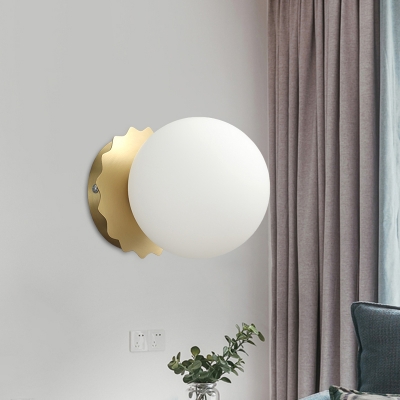 1 Light Gold Wall Mount Lamp Simplicity White Glass Wall Lighting Ideas with Scalloped Backplate
