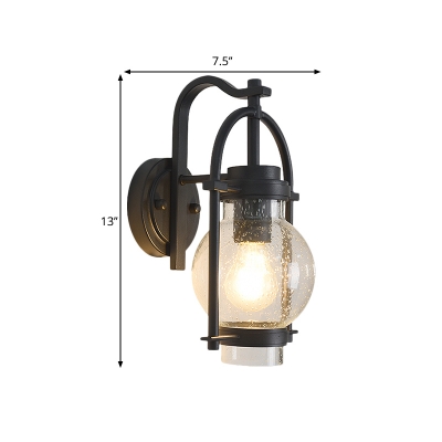 1-Light Wall Mount Light Industrial Lantern Seedy Glass Wall Lighting Fixture in Black with Curvy Arm