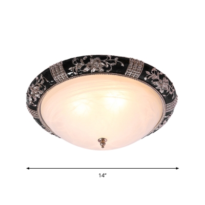 2/3 Bulbs Opal Glass Flush Light Rural Black Bowl Shade Bedroom Flushmount Lighting with Leaf/Flower Edge, 14