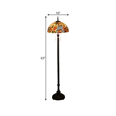 2 Bulbs Floor Lamp Victorian Floral Stained Glass Floor Reading Light in Copper with Bowl Shade