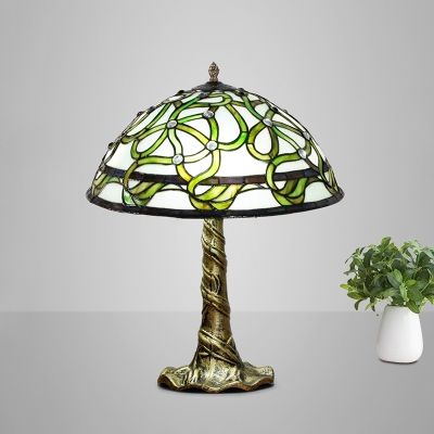3 Bulbs Bedroom Table Lamp Mediterranean Bronze Ribbon Patterned Night Lighting with Dome Cut Glass Shade