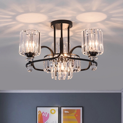 4 Lights Living Room Chandelier Modern Black Pendant Lighting with Cylinder Prismatic Crystal Shade