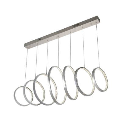 7-Ring Multi-Light Pendant Minimalist Faceted Crystal LED Chrome Suspension Lighting for Dining Room