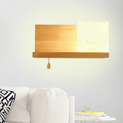 Acrylic Cube Wall Light Sconce Nordic Single Beige Wall Lamp with Pull Chain and Wooden Shelf