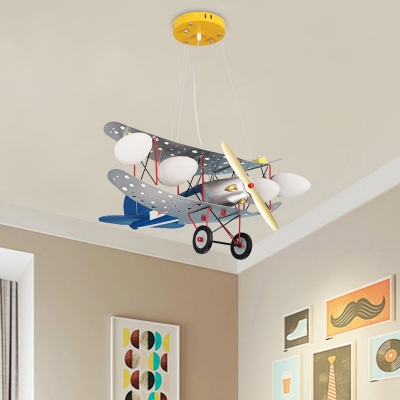 Airplane Boy's Bedroom Ceiling Chandelier White Glass 4 Lights Kids Style Hanging Pendant in Blue