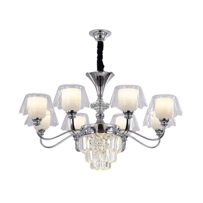 Bell Living Room Chandelier Frosted Glass 6/8 Bulbs Modernist Pendant Lamp in Chrome with Crystal Accent