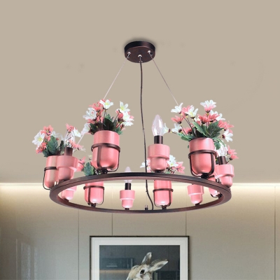 Blue/Pink Bare Bulb Suspension Light Retro Style Metallic 6 Heads Cafe Pendant Chandelier with Hoop Design