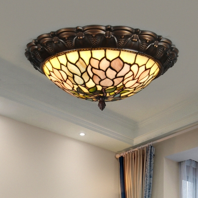 Bowl Flush Mount Fixture Tiffany Style Hand Cut Glass Brass Floral Patterned LED Close to Ceiling Light