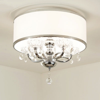 Candelabra Great Room Ceiling Flush Clear Crystal 5 Heads Minimalism Flush Light with Drum Fabric Shade in White