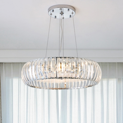 Chrome Round Pendant Chandelier Minimalistic 4-Bulb Clear Crystal Hanging Light Kit