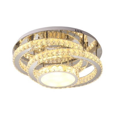 Circle Semi Flush Ceiling Light Simple Beveled Crystal LED Chrome Lighting Fixture in Warm/White Light