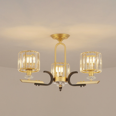 Cylinder Flush Chandelier Lighting Postmodern Prismatic Crystal 3/6-Light Gold Ceiling Lamp for Restaurant
