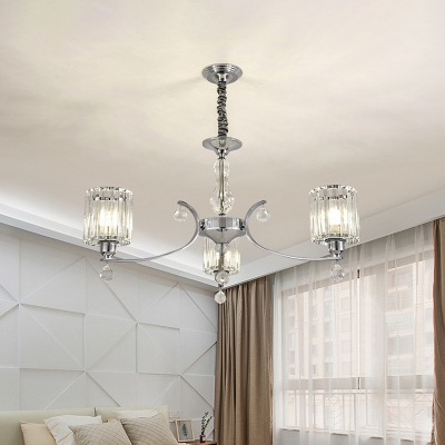 Cylindrical Bedroom Drop Lamp Crystal Prism 3-Head Modern Style Chandelier in Chrome