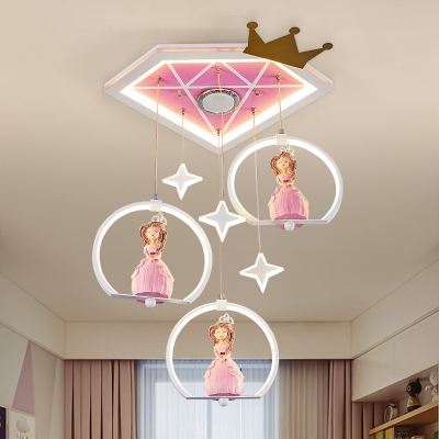 Diamond Girl's Bedroom Flush Mount Light Metal Cartoon LED Ceiling Lamp in Pink-White with Princess Drops