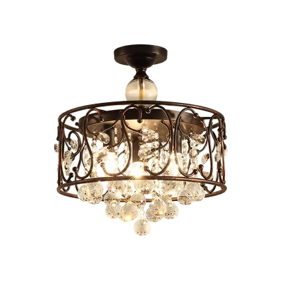 Faceted Crystal Balls Rust Semi Flush Drum 3-Head Countryside Close to Ceiling Light