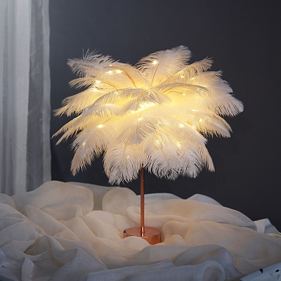 Feather Coconut Palms Table Light Modern Romantic Pink/White Battery USB LED Nightstand Lamp