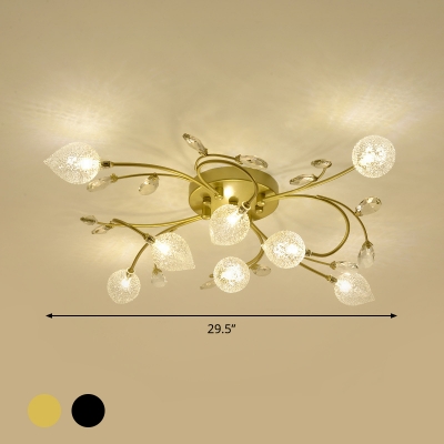 Frosted Glass Spiral Semi Flush Mount Simple 8/12-Light Black/Gold Ceiling Light Fixture with Crystal Accent