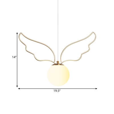 Globe Hanging Pendant Light Kids Opal Glass 1-Bulb Bedroom Ceiling Lamp in Gold with Wing/Star/Loving Heart Frame