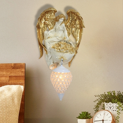 Gold/Dark Gold 1-Bulb Wall Lamp Rural Resin Angel Wearing Swing Wall Light with Dome/Teardrop Crystal Shade