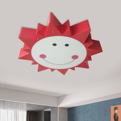 LED Playroom Flushmount Lighting Modernism Red Ceiling Mounted Fixture with Sun Metal Shade in Warm/White Light