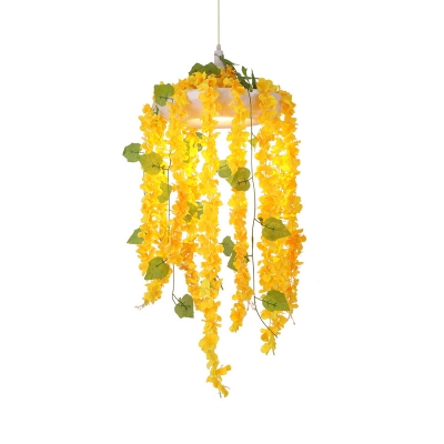 Metallic Circular Suspension Light Industrial 1 Bulb Cafe Hanging Lamp Kit with Flower Deco in Yellow