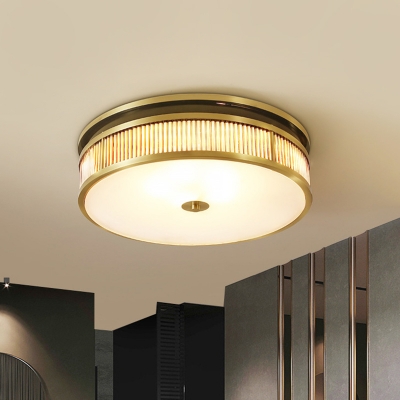 Modern 4 Lights Flush Mount Lamp Brass Drum Ceiling Light Fixture with Crystal Shade