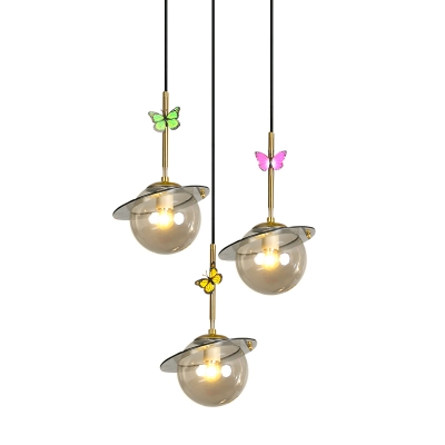 Nordic Ball Multi Pendant White/Clear/Smoke Grey Glass 3 Lights Dining Room Suspension Lighting with Linear/Round Canopy in Gold