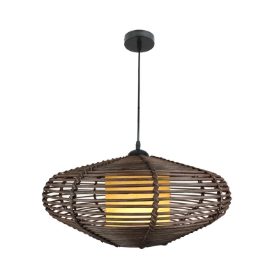 Oval Cage Balcony Pendant Light Kit Bamboo 1 Head Antique Hanging Lamp Fixture with Inner Cylinder Fabric Shade in Coffee
