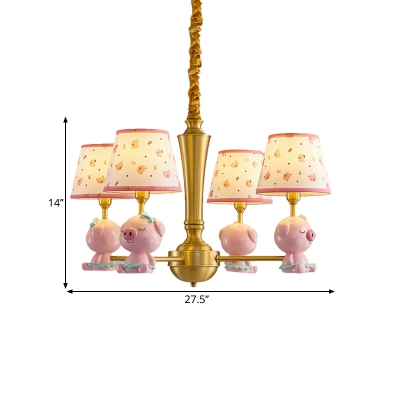 Pink Tapered Pendant Chandelier Macaron 4 Lights Fabric Hanging Ceiling Light with Pig Deco