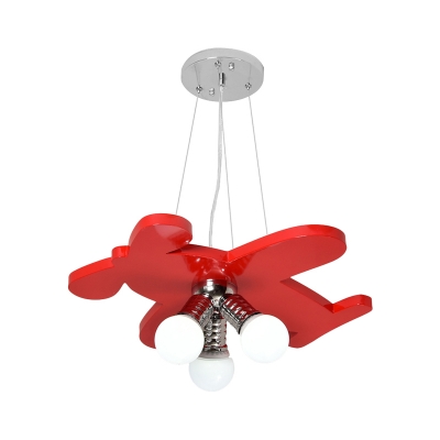 Red/Yellow/Blue Plane Drop Pendant Cartoon Style 3 Heads Metallic Chandelier Light Fixture with Bare Bulb Design