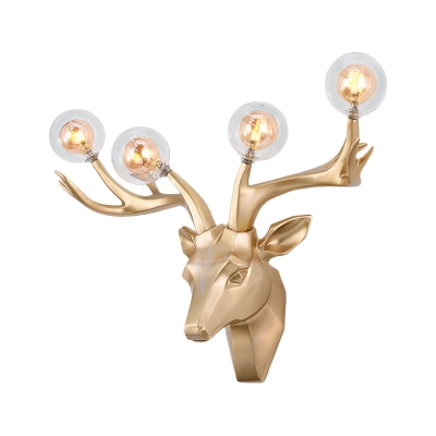Resin Black/Blue/Gold Wall Light Deer Head 4-Light Country Style Wall Sconce with Orb Clear Glass Shade