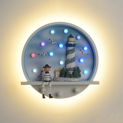 Round Wall Sconce Lighting Kids Wood LED Bedroom Wall Mounted Lamp with Lighthouse Design in Blue, Warm/White Light