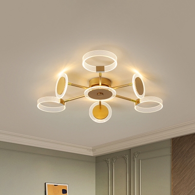 Round Semi Flush Lamp Modern Metallic LED Gold Ceiling Flush with Radial Design in Warm/White Light, 31.5