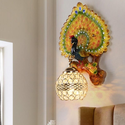 Rural Peacock Wall Lighting Ideas 1 Head Resin Wall Mounted Light Fixture in Yellow/Gold with Ball K9 Crystal Shade