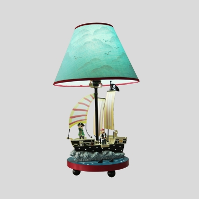 Sailing Pirate Ship Night Lamp Cartoon Resin 1 Light Blue Table Light with Cone Fabric Lamp Shade