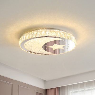 Simplicity Disc Flush Mount Lamp Crystal LED Bedroom Ceiling Light Fixture in Stainless-Steel with Moon and Star Pattern