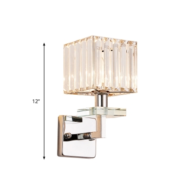 Single-Bulb Living Room Wall Lamp Simple Chrome Wall Mount Light with Cube Crystal Shade