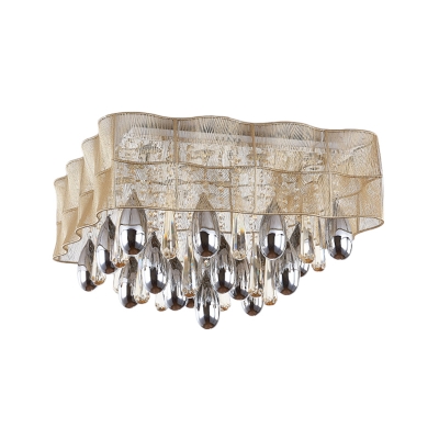 Square Fabric Mesh Flush Light Fixture Modernist 15 Lights Bedroom Flush Mount in Beige with Crystal Accent