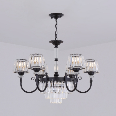 Swirled Arm Ceiling Chandelier Simple Metal 3/6-Light Bedroom Hanging Light Fixture in Black with Cone Crystal Shade