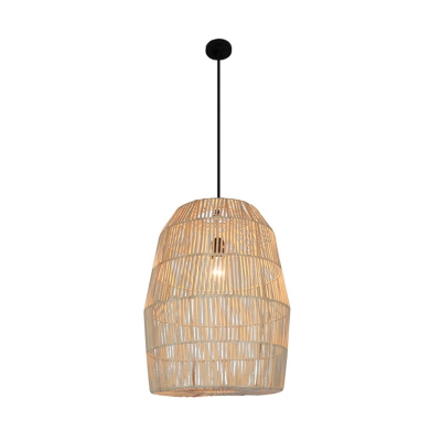Tiered Cone/Elongated Dome Pendant Light Asian Bamboo 1-Bulb Beige Ceiling Suspension Lamp for Dining Room