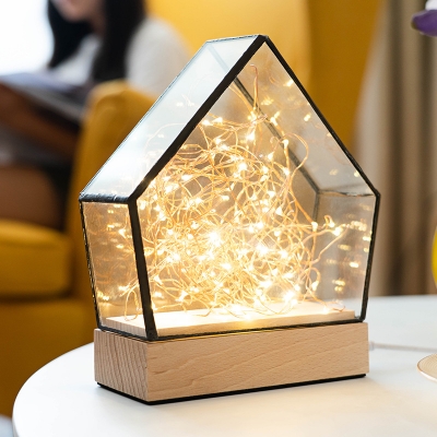 USB Chargeable House Table Lamp Kids Clear Glass Wood LED Nightstand Light with String and Bear Toy Inside