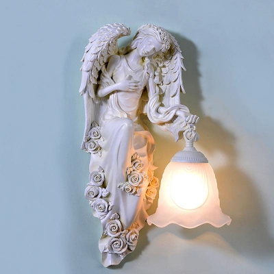White Angel Wall Mounted Lamp Rustic Resin 1 Bulb Living Room Right/Left Wall Light Sconce with Scalloped Bell Frosted Glass Shade